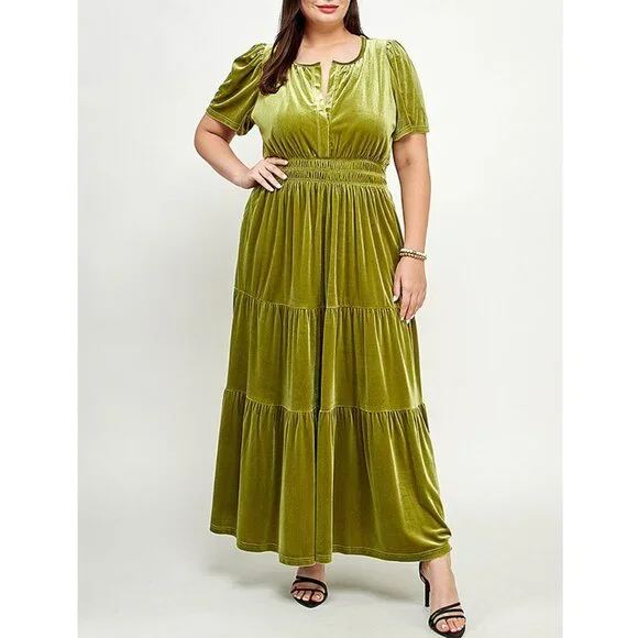 Boutique Dresses | Boho Chartreuse Green Velvet Short Sleeve Tiered A-Line Maxi Dress 8 | Color: Green | Size: 8 | Pm-60273433'S Closet
